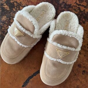 Prada Tan Shearling Slip-On Shoes